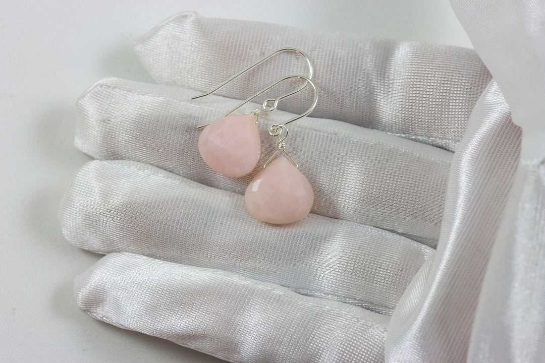 Pink Peruvian Opal Earrings Faceted Heart Shaped Teardrops 14k Solid Gold or Filled or Sterling Silver Natural Earthy soft pink dainty Drops