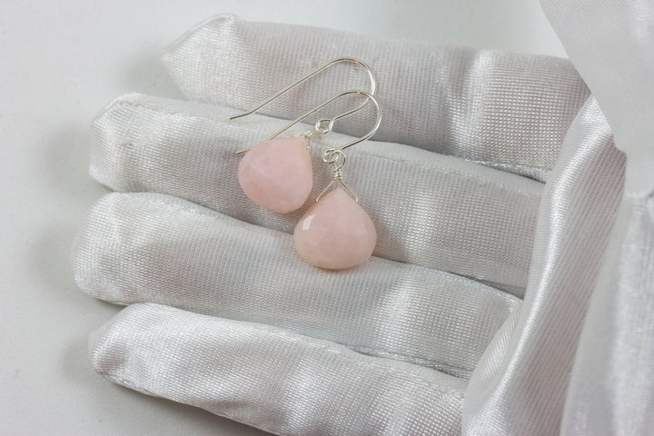 Pink Peruvian Opal Earrings Faceted Heart Shaped Teardrops 14k Solid Gold or Filled or Sterling Silver Natural Earthy soft pink dainty Drops