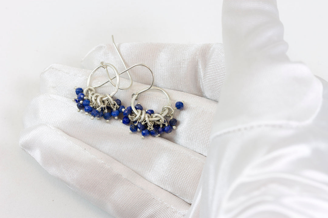 Lapis Lazuli Earrings Natural Blue Clusters Blue Drops Sterling Silver Faceted Multiple Stones Grouped Dangles