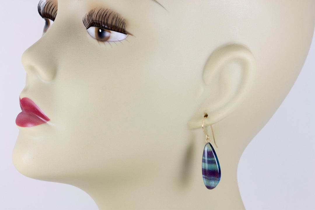 Fluorite Earrings Smooth Teardrop 14k solid gold or filled or Sterling silver Flourite Natural Purple Green Teal Striped Curved Cut Drops
