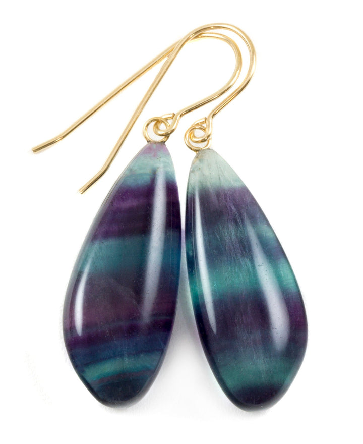 Fluorite Earrings Smooth Teardrop 14k solid gold or filled or Sterling silver Flourite Natural Purple Green Teal Striped Curved Cut Drops