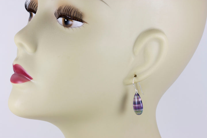 Fluorite Earrings Smooth Teardrop 14k solid gold or filled or Sterling silver Flourite Natural Purple Lavender Teal Striped Curved Cut Drops