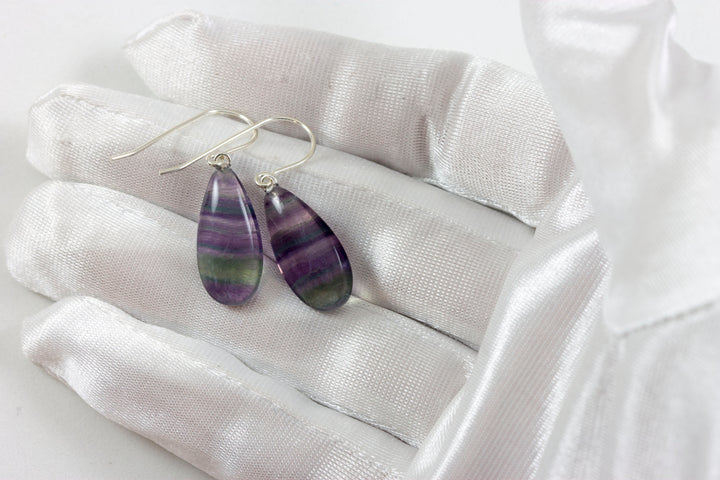 Fluorite Earrings Smooth Teardrop 14k solid gold or filled or Sterling silver Flourite Natural Purple Lavender Teal Striped Curved Cut Drops