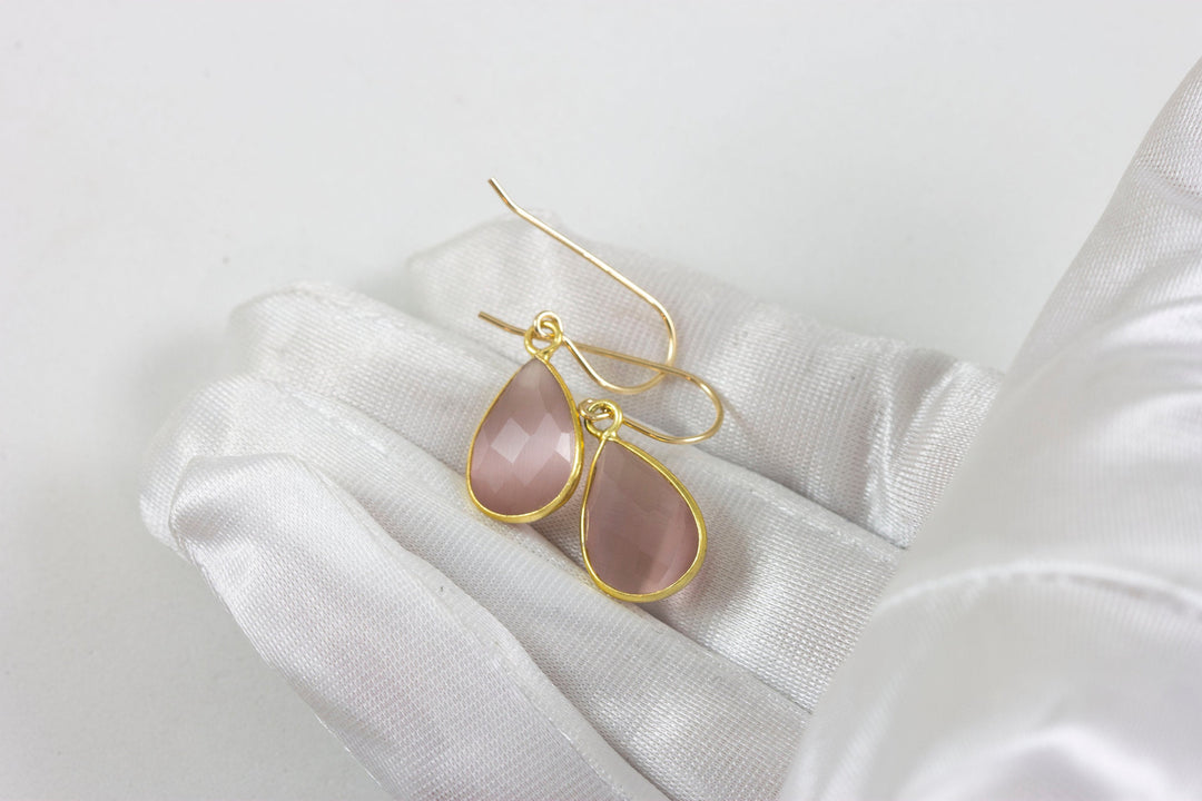 Cat's Eye Earrings Pink Faceted Teardrop 14k gold filled or Sterling silver Bezel Setting Soft Earthy color Simple Drops