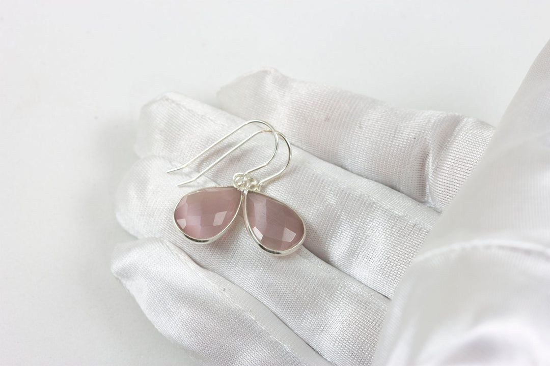 Cat's Eye Earrings Pink Faceted Teardrop 14k gold filled or Sterling silver Bezel Setting Soft Earthy color Simple Drops