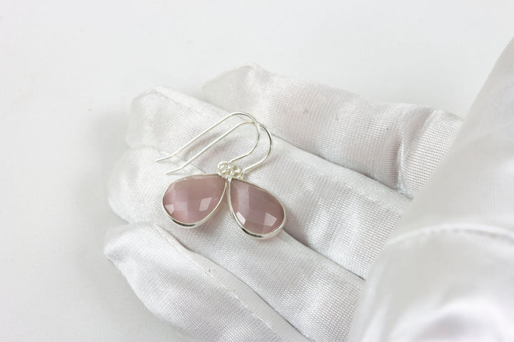 Cat's Eye Earrings Pink Faceted Teardrop 14k gold filled or Sterling silver Bezel Setting Soft Earthy color Simple Drops