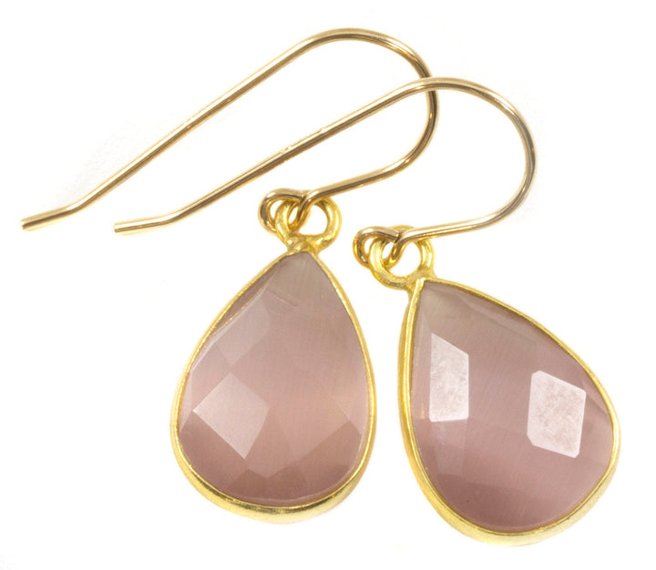 Cat's Eye Earrings Pink Faceted Teardrop 14k gold filled or Sterling silver Bezel Setting Soft Earthy color Simple Drops