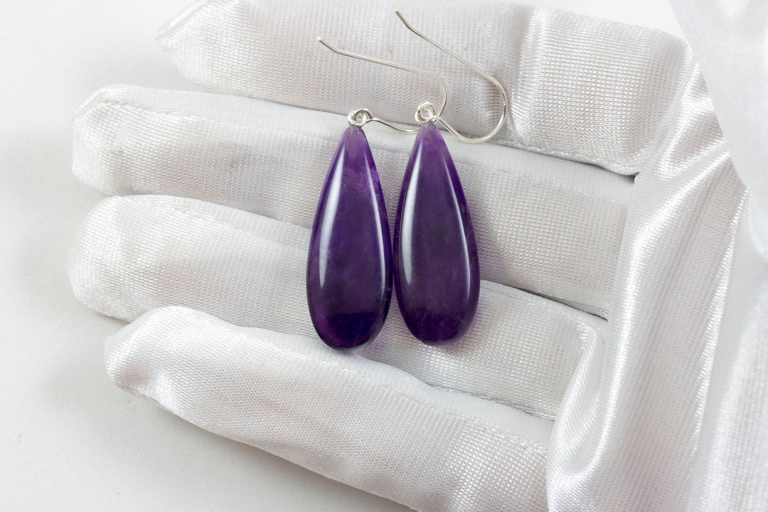 Purple Amethyst Earrings Smooth Pear Natural 14k Solid Gold or Filled or Sterling Silver Teardrop Rich Deep Purple Large Long