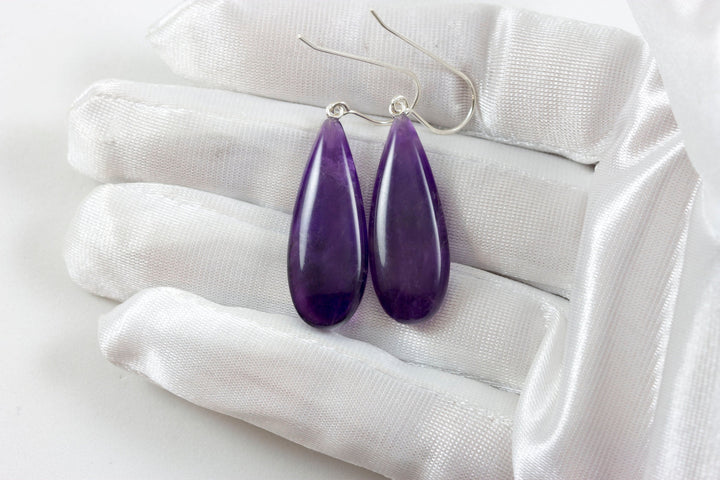 Purple Amethyst Earrings Smooth Pear Natural 14k Solid Gold or Filled or Sterling Silver Teardrop Rich Deep Purple Large Long