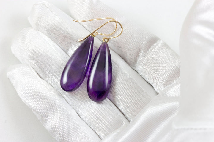 Purple Amethyst Earrings Smooth Pear Natural 14k Solid Gold or Filled or Sterling Silver Teardrop Rich Deep Purple Large Long