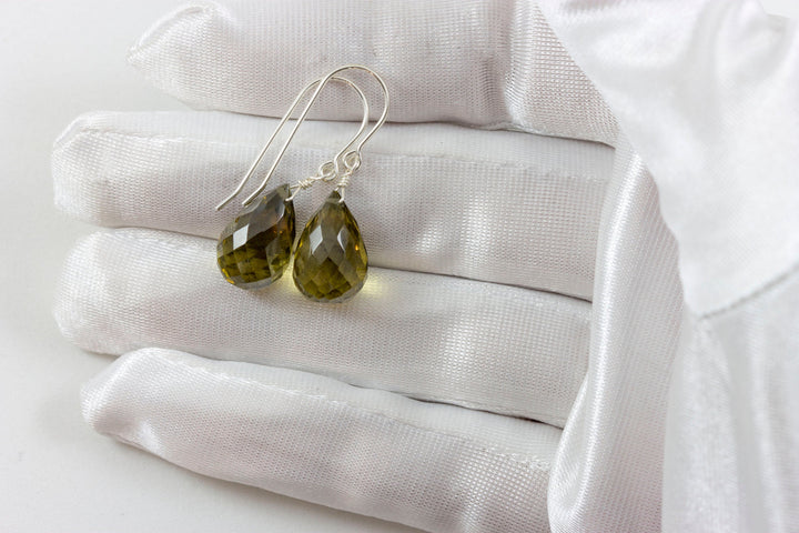 Green Olive Quartz Earrings Teardrop Fat Rounded Briolette Natural Smokey Drops 14k Solid Gold or 14k Gold Filled or Sterling Silver Faceted
