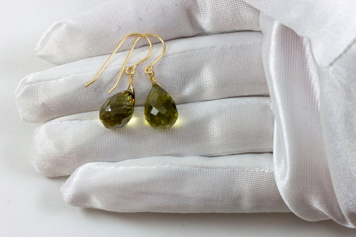 Green Olive Quartz Earrings Teardrop Fat Rounded Briolette Natural Smokey Drops 14k Solid Gold or 14k Gold Filled or Sterling Silver Faceted