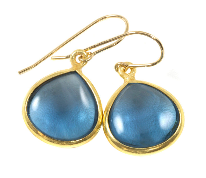 London Blue Smooth Simulated Topaz Earrings Heart Briolette Drops 14k Solid Gold or Filled Bezel Setting Simple Earthy Blue Color