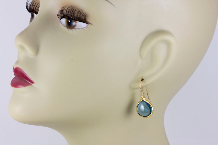 London Blue Smooth Simulated Topaz Earrings Heart Briolette Drops 14k Solid Gold or Filled Bezel Setting Simple Earthy Blue Color