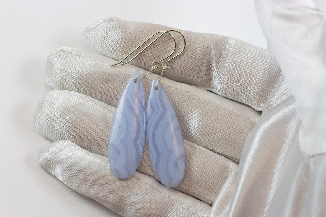 Blue Lace Agate Earrings 14k solid gold or filled or Sterling Silver Smooth Long Dangle Drops Natural Banding Soft blue Simple Drops 2.3 In