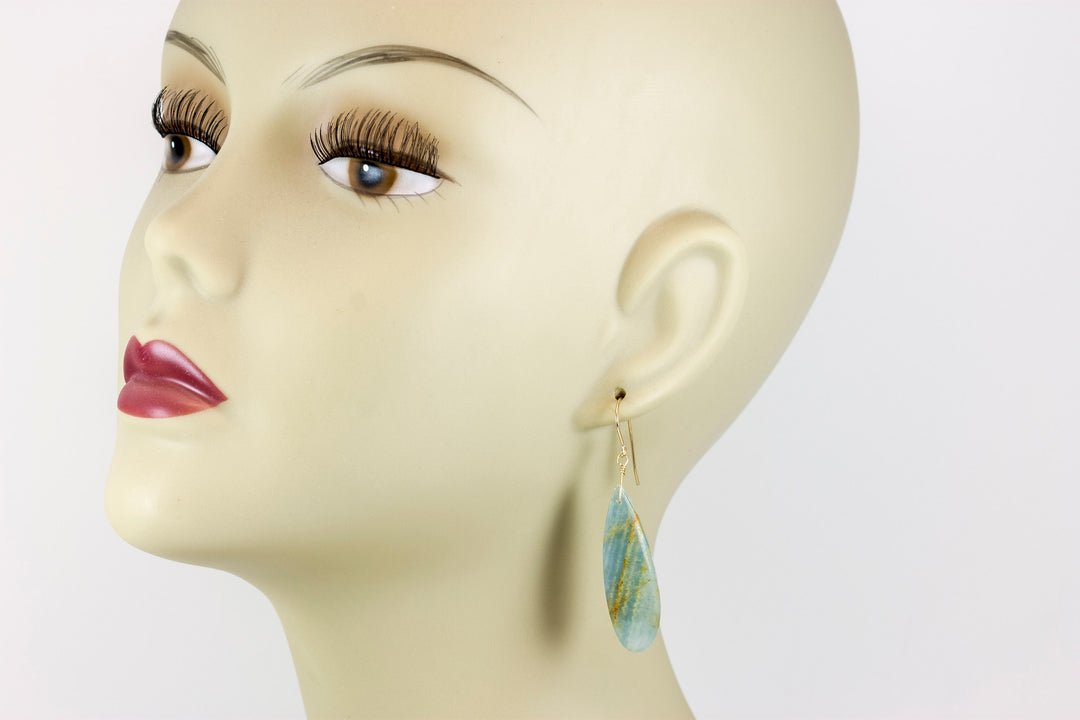 Blue Aqua Calcite Earrings 14k solid gold or filled or Sterling Silver Smooth Long Dangle Drops Natural Banding Soft blue Simple Drop 2.3 In