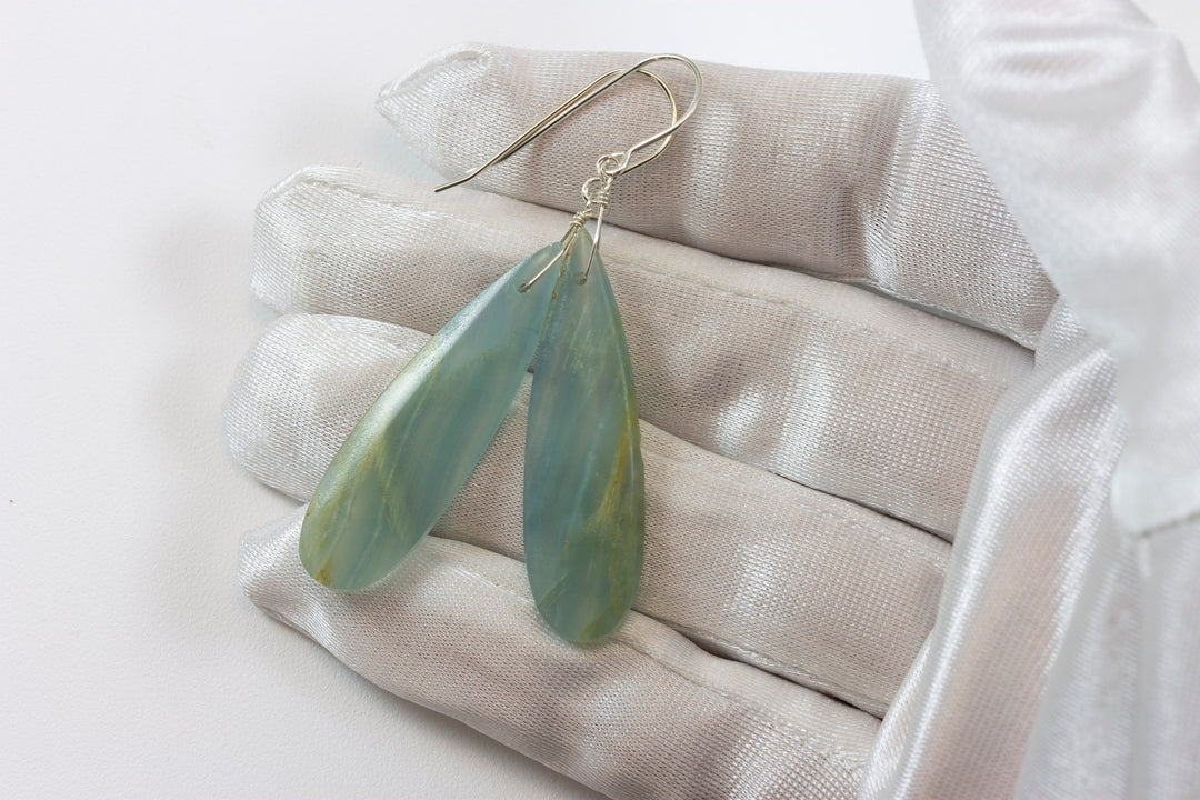 Blue Aqua Calcite Earrings 14k solid gold or filled or Sterling Silver Smooth Long Dangle Drops Natural Banding Soft blue Simple Drop 2.3 In