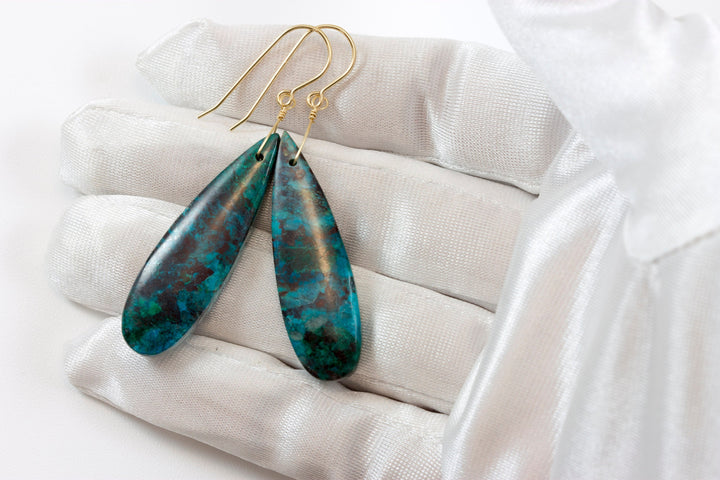 Blue Chrysocolla Earrings 14k solid gold or filled or Sterling Silver Smooth Long Dangle Drops Natural Unique Deep blue Simple Drops 2.3 In