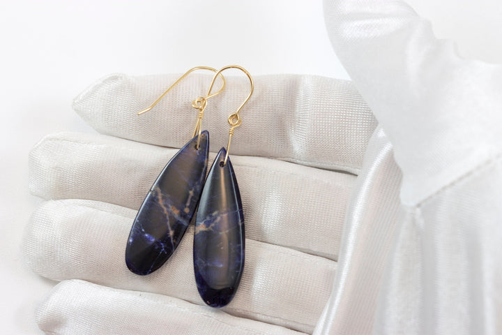 Orange Sodalite Earrings Deep Blue 14k solid gold or filled or Sterling Silver Smooth Long Dangle Drops Natural Simple Drops 2.3 In