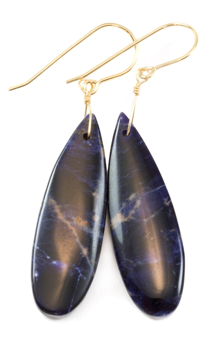 Orange Sodalite Earrings Deep Blue 14k solid gold or filled or Sterling Silver Smooth Long Dangle Drops Natural Simple Drops 2.3 In