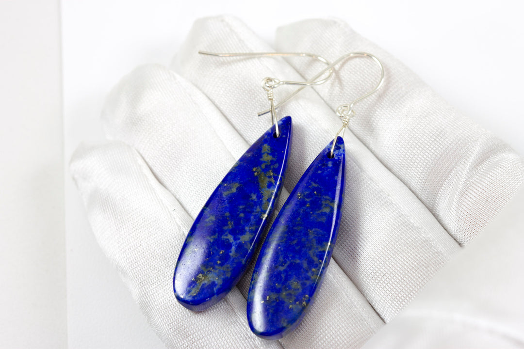 Lapis Lazuli Earrings Blue Pyrite Flecks 14k solid gold or filled or Sterling Silver Smooth Long Dangle Natural Simple Drops 2.3 In