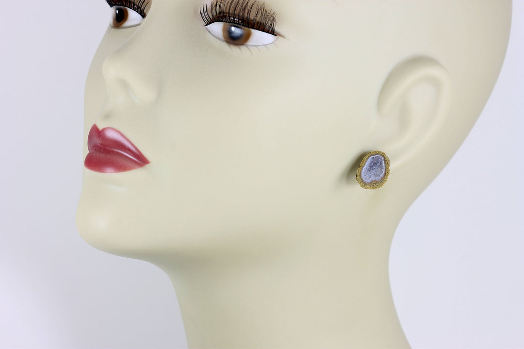 Baby Geode Earrings Tabasco Soft White Gray Druzy Post Studs 14k Gold Filled Small Natural Drusy Quartz Halved Geodes Paired AAA