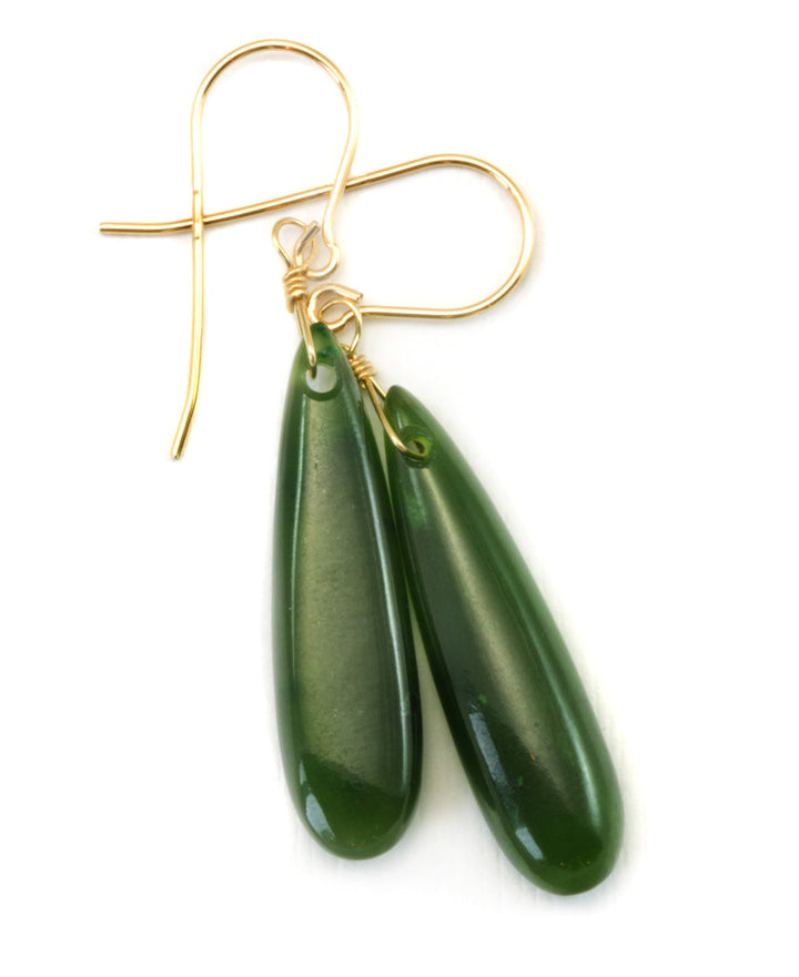 Jade Earrings Natural Green Nephrite Smooth Long Teardrop Drops 14k Solid Gold or Filled or Sterling Silver Earthy Rich Classic Simple Drops