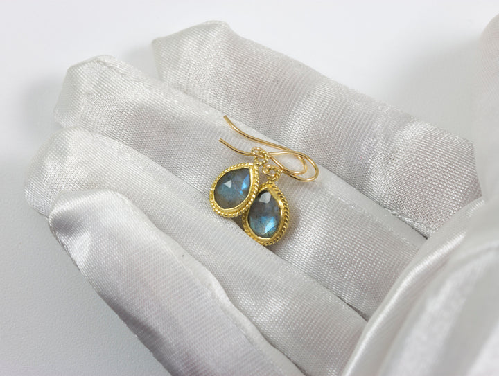 Labradorite Earrings Natural Fancy Bezel Small Tiny Lightweight 14k solid gold or filled  or Sterling Silver Simple Drops 1 Inch Blue Flash