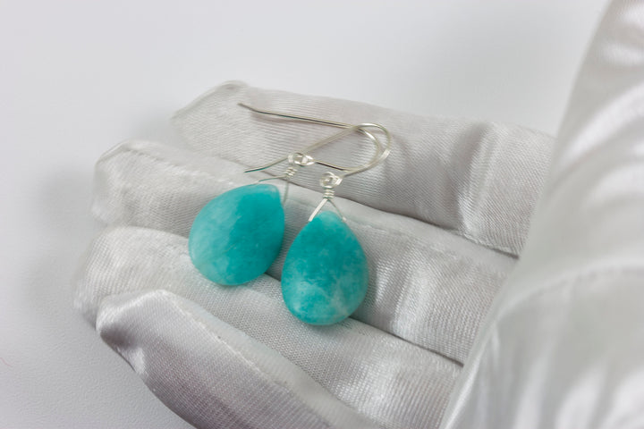Amazonite Earrings Bright Blue Aqua Smooth Curved Teardrop Long Sterling Silver or 14k Solid Gold or Gold Filled Pale Soft Blue Drops