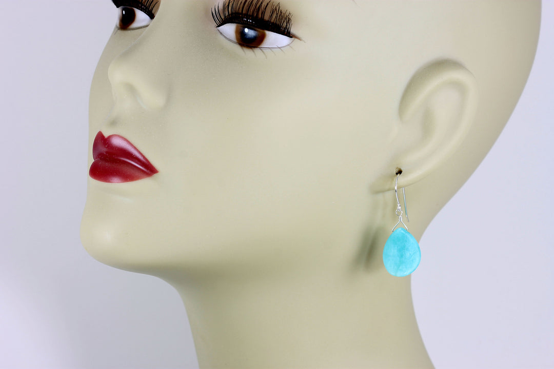 Amazonite Earrings Bright Blue Aqua Smooth Curved Teardrop Long Sterling Silver or 14k Solid Gold or Gold Filled Pale Soft Blue Drops