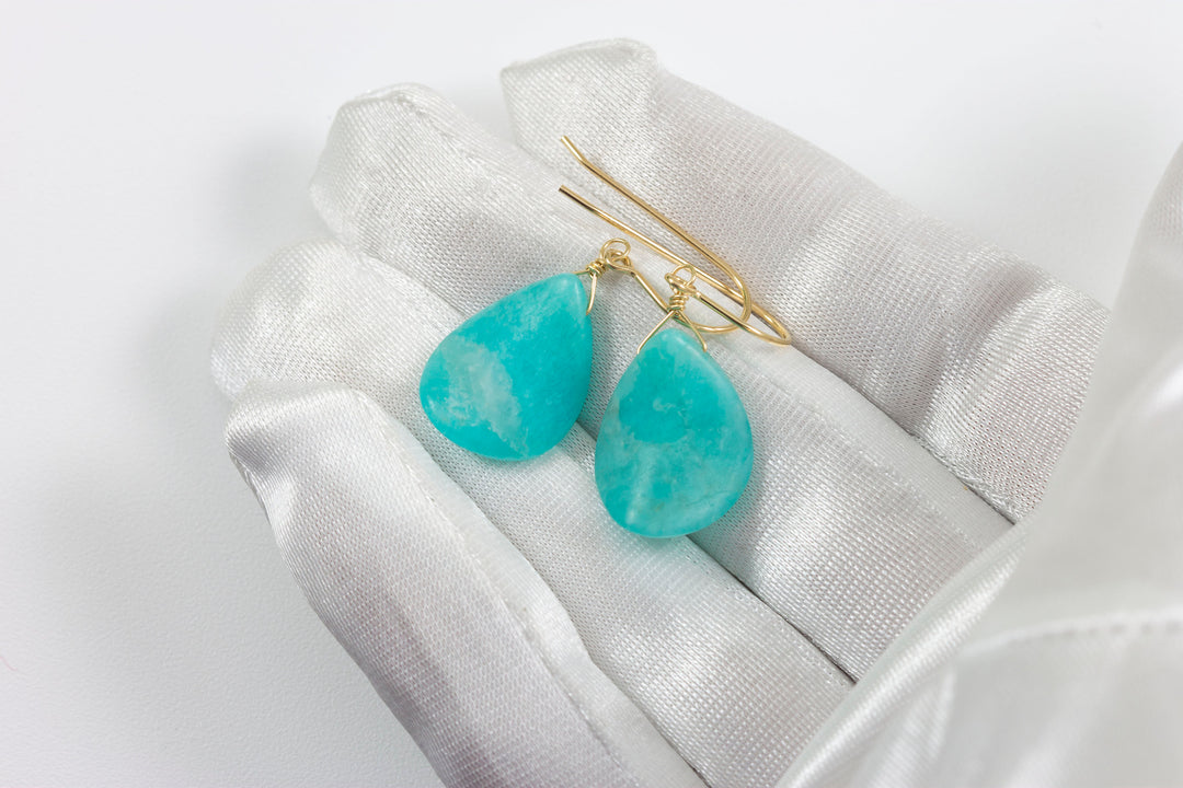 Amazonite Earrings Bright Blue Aqua Smooth Curved Teardrop Long Sterling Silver or 14k Solid Gold or Gold Filled Pale Soft Blue Drops