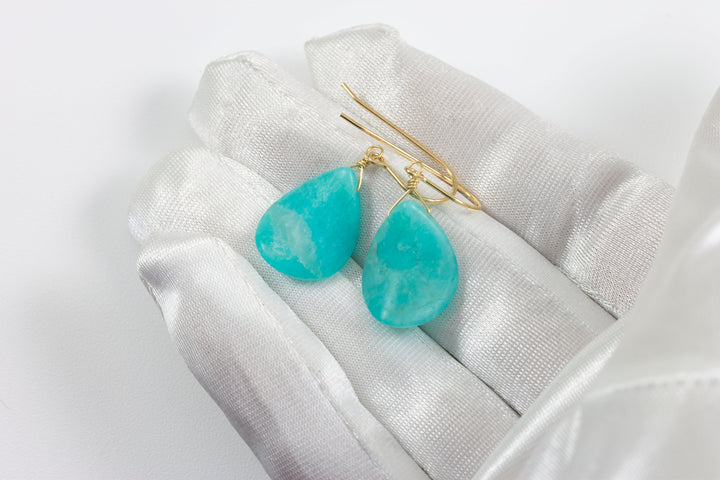 Amazonite Earrings Bright Blue Aqua Smooth Curved Teardrop Long Sterling Silver or 14k Solid Gold or Gold Filled Pale Soft Blue Drops