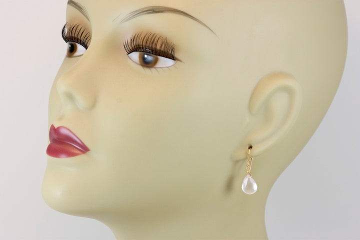 Rose Quartz Earrings Pink Faceted Teardrop Dangle Sterling Silver or 14k Solid Gold or Filled Classic Pear Shape Dainty Simple Soft color