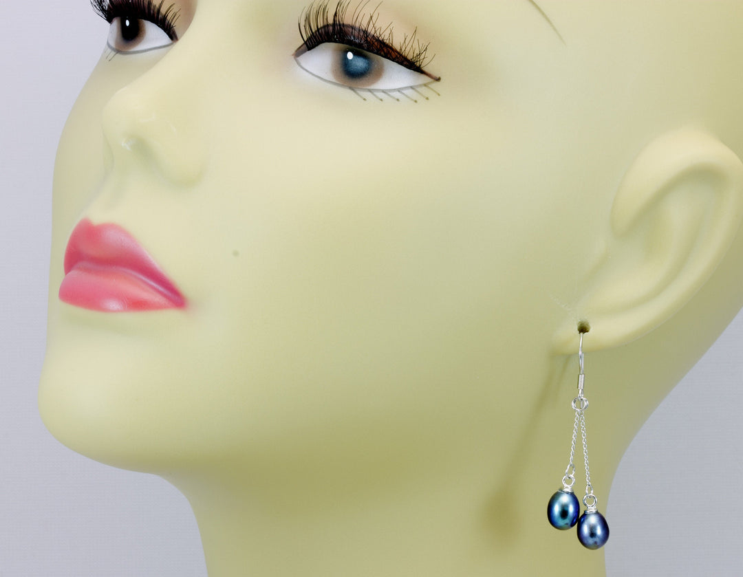 Pearl Earrings White or Peacock Black Potato Shape Double Hung Two Pearls Sterling Silver Ball Post Studs Simple Dainty Dangles 1.6 inches