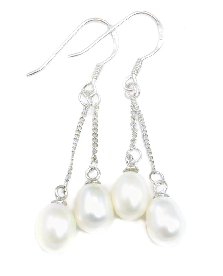 Pearl Earrings White or Peacock Black Potato Shape Double Hung Two Pearls Sterling Silver Ball Post Studs Simple Dainty Dangles 1.6 inches