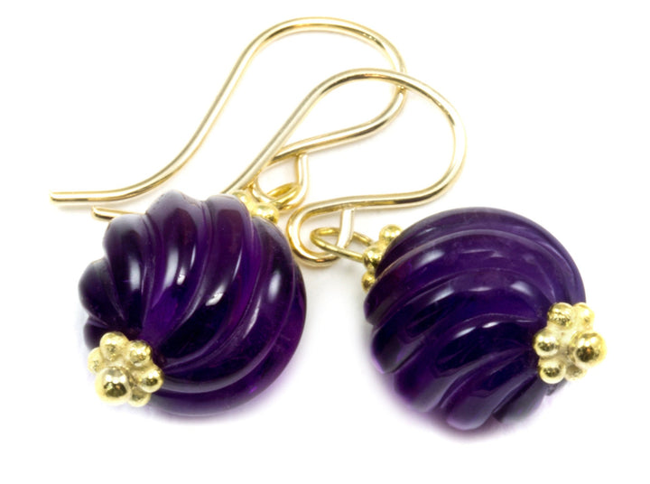 African Purple Amethyst Earrings Fancy Cut Smooth Round 14k Solid Gold or Filled or Sterling Silver Natural Carved Swirl Deep Rich Drops