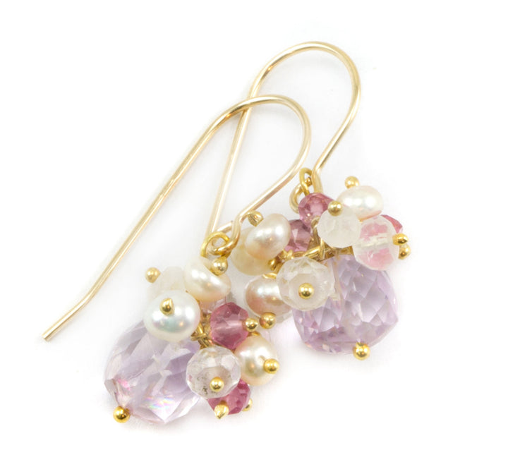 Pink Amethyst Earrings Sterling Silver or 14k Solid Gold or Filled Teardrop Dangle Cluster Drops AAA Natural Brazilian Drops Pearl Topaz