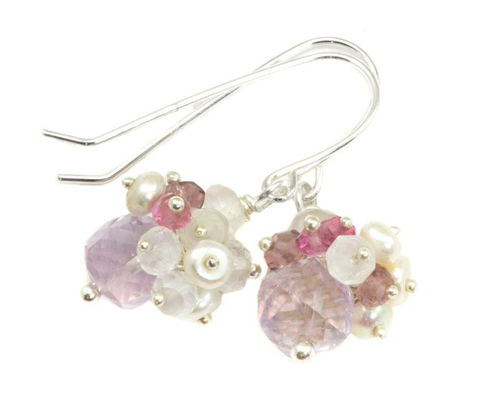 Pink Amethyst Earrings Sterling Silver or 14k Solid Gold or Filled Teardrop Dangle Cluster Drops AAA Natural Brazilian Drops Pearl Topaz