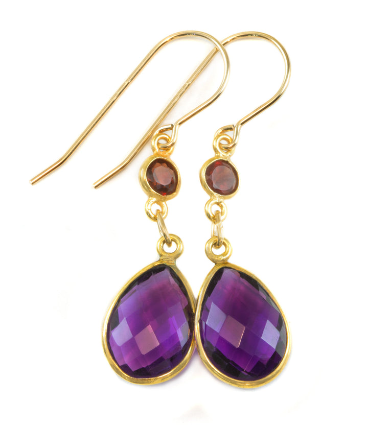 Purple Amethyst Earrings Bezel Set Double Hung Dainty Red Garnet 14k Yellow Solid Gold or Filled Long Classic simple Teardrops