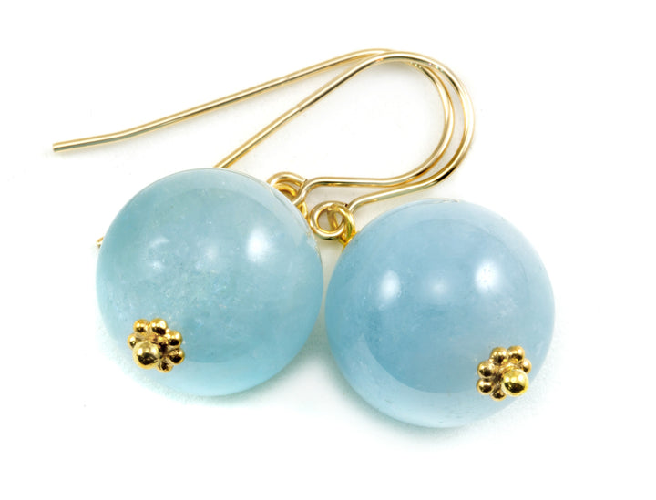 Aquamarine Earrings Natural Blue Round Simple Dangle Drops Sterling Silver or 14k Solid Gold or Filled Soft Aqua Blue Simple Daily Drops