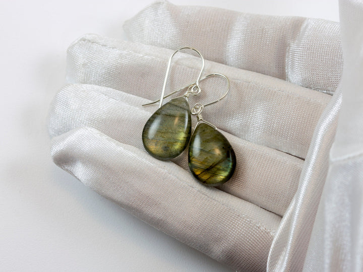 Labradorite Earrings Sterling Silver or 14k Solid Gold or Filled Smooth Fat Teardrop Large AAA Blue Green Golden Flash Pear Shape Natural