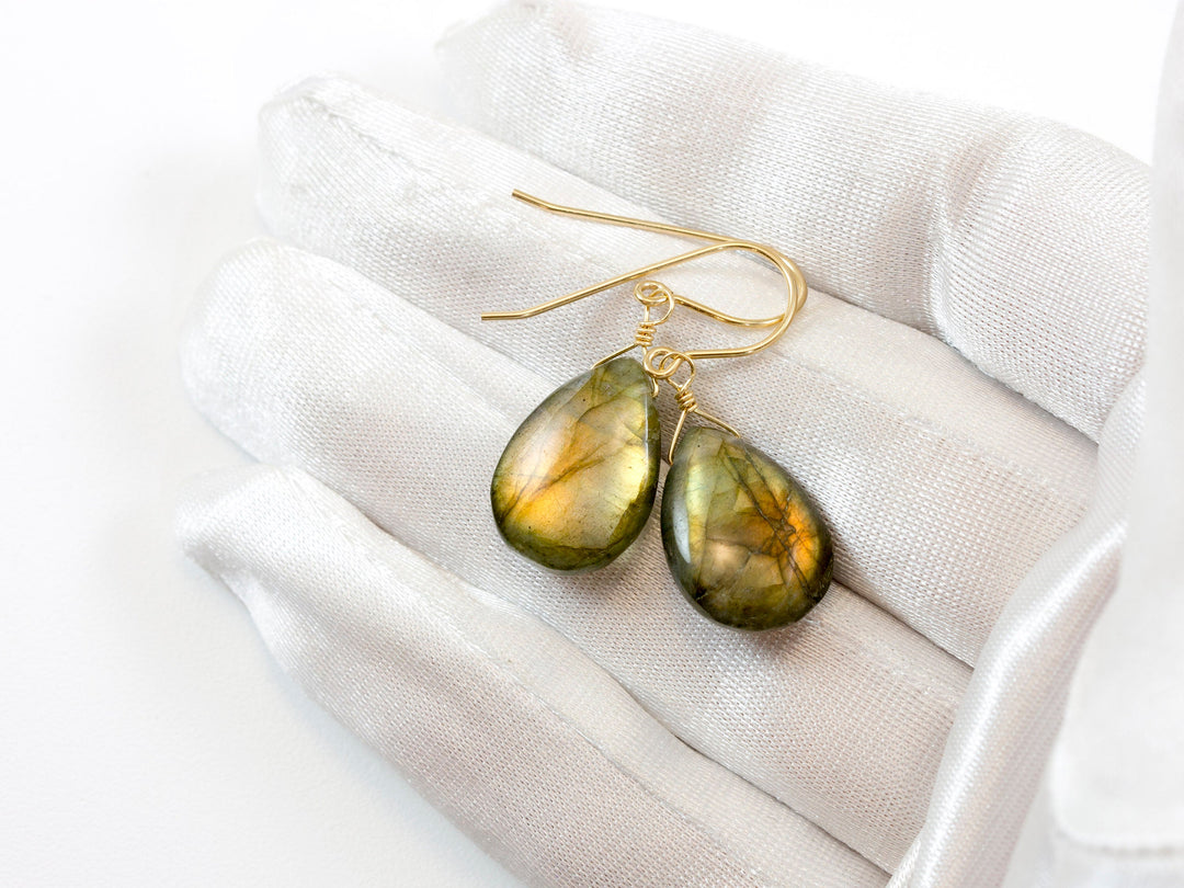Labradorite Earrings Sterling Silver or 14k Solid Gold or Filled Smooth Fat Teardrop Large AAA Blue Green Golden Flash Pear Shape Natural