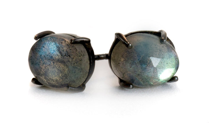 Labradorite Earrings Oval Post Studs Black Rhodium Plated Sterling Silver blue flash faceted oval stones simple classic 10mm