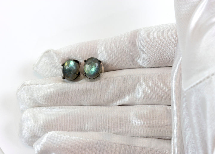 Labradorite Earrings Oval Post Studs Black Rhodium Plated Sterling Silver blue flash faceted oval stones simple classic 10mm