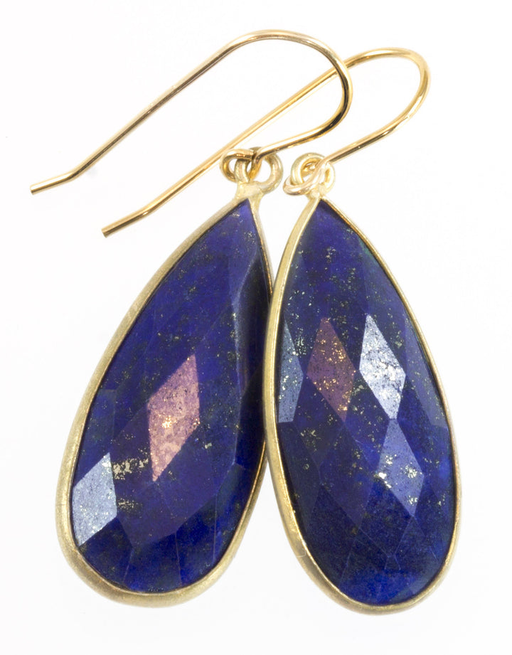 Lapis Lazuli Earrings 14k yellow gold or fill Natural Blue Bezel Long Facet Teardrop Simple Drops 1.7 or 1.4 Inch Classic Drops Pyrite Fleck