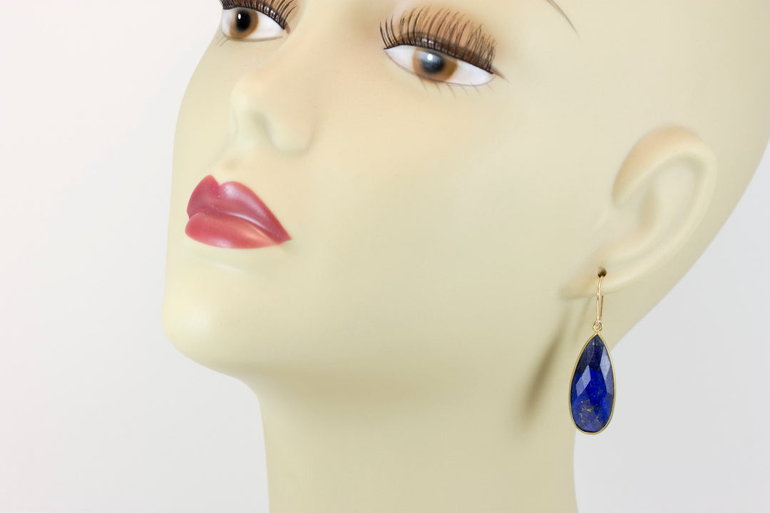 Lapis Lazuli Earrings 14k yellow gold or fill Natural Blue Bezel Long Facet Teardrop Simple Drops 1.7 or 1.4 Inch Classic Drops Pyrite Fleck