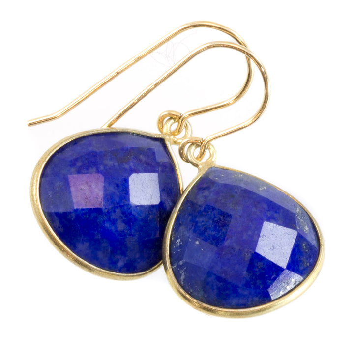 Lapis Lazuli Earrings 14k solid gold or fill Natural Blue Bezel Heart Faceted Teardrop Simple Drops 1.2  Inches Classic Drops Pyrite Flecks