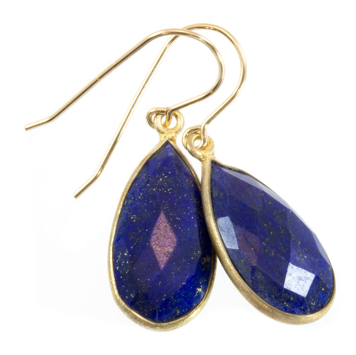 Lapis Lazuli Earrings 14k yellow gold or fill Natural Blue Bezel Long Facet Teardrop Simple Drops 1.7 or 1.4 Inch Classic Drops Pyrite Fleck