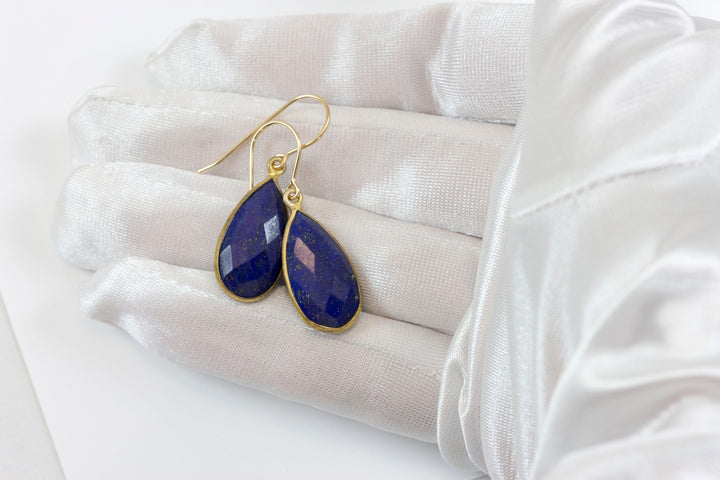 Lapis Lazuli Earrings 14k yellow gold or fill Natural Blue Bezel Long Facet Teardrop Simple Drops 1.7 or 1.4 Inch Classic Drops Pyrite Fleck