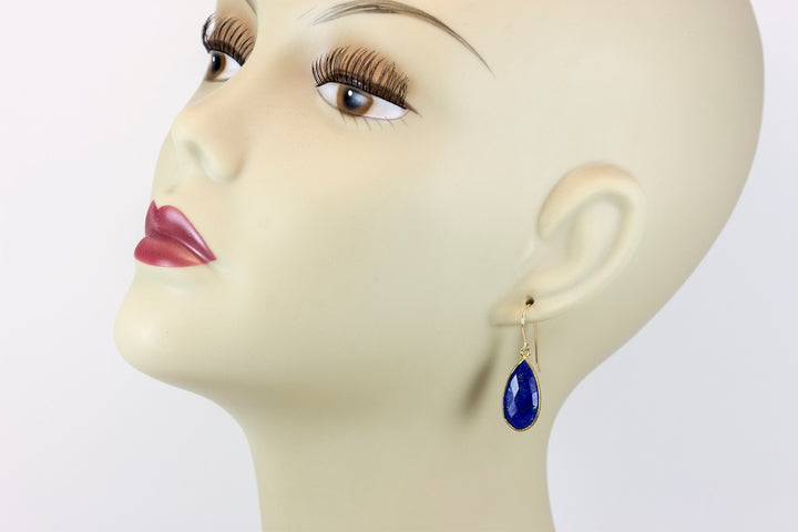 Lapis Lazuli Earrings 14k yellow gold or fill Natural Blue Bezel Long Facet Teardrop Simple Drops 1.7 or 1.4 Inch Classic Drops Pyrite Fleck